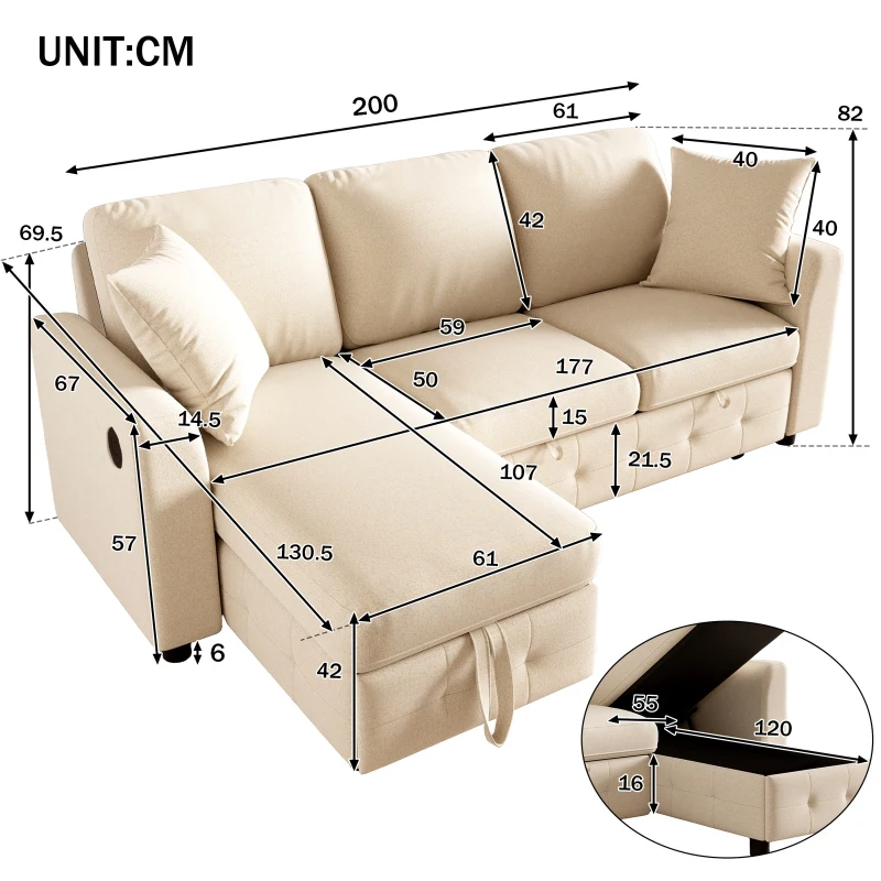 Modern Chenille L-Shaped Sectional Sofa with Reversible Storage Chaise, Soft Pull-Out Sleeper Couch with USB Ports, 200L x 130.5W x 83.5H cm, Beige