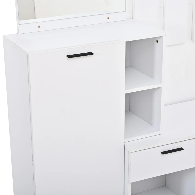 Hallway Storage Unit with Mirror and 4 Hooks, Space-Saving Shoe Cabinet with 10 Compartments for Entryway, 120L x 35W x 175.5H cm, White