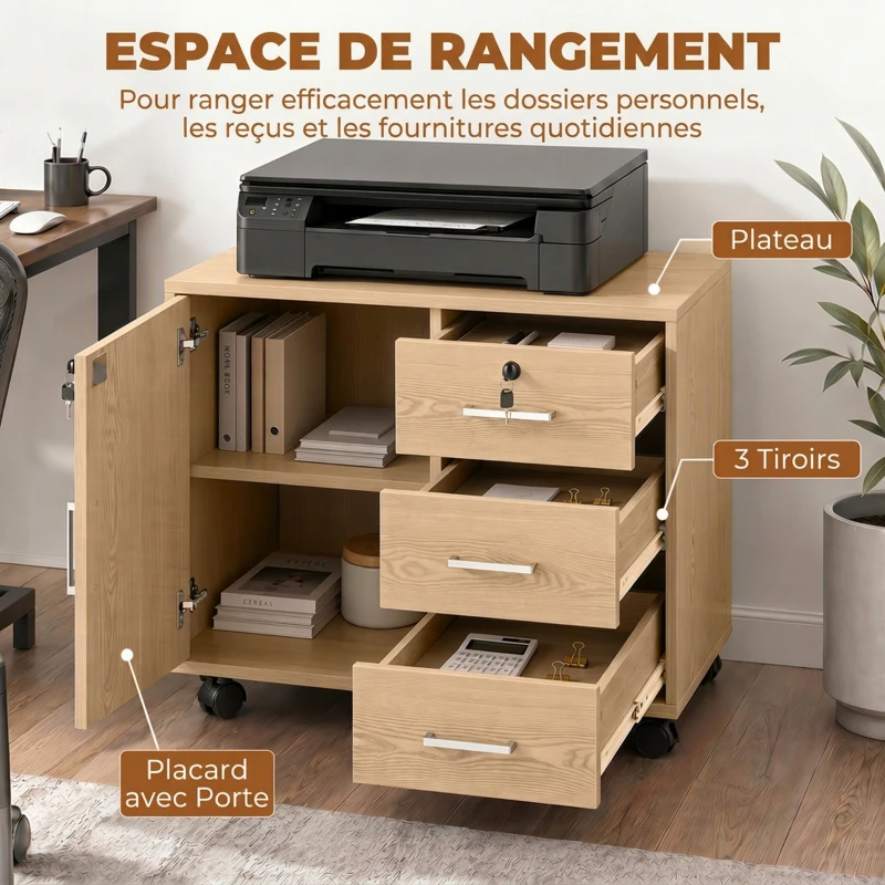HOMCOM Caisson bureau meuble de rangement verrouillable avec 3 tiroirs et étagère réglable, roulettes, 40 x 60 x 56 cm, marron clair