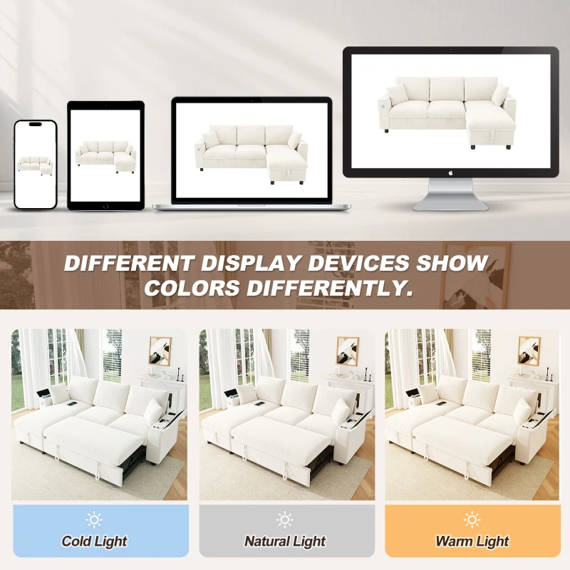 L-Shaped Sofa Bed with USB/USB-C Ports and Pull-Out Sleeper, Soft Reversible Corner Couch with Hidden Chaise Storage, 200L x 137W x 85H cm, Beige