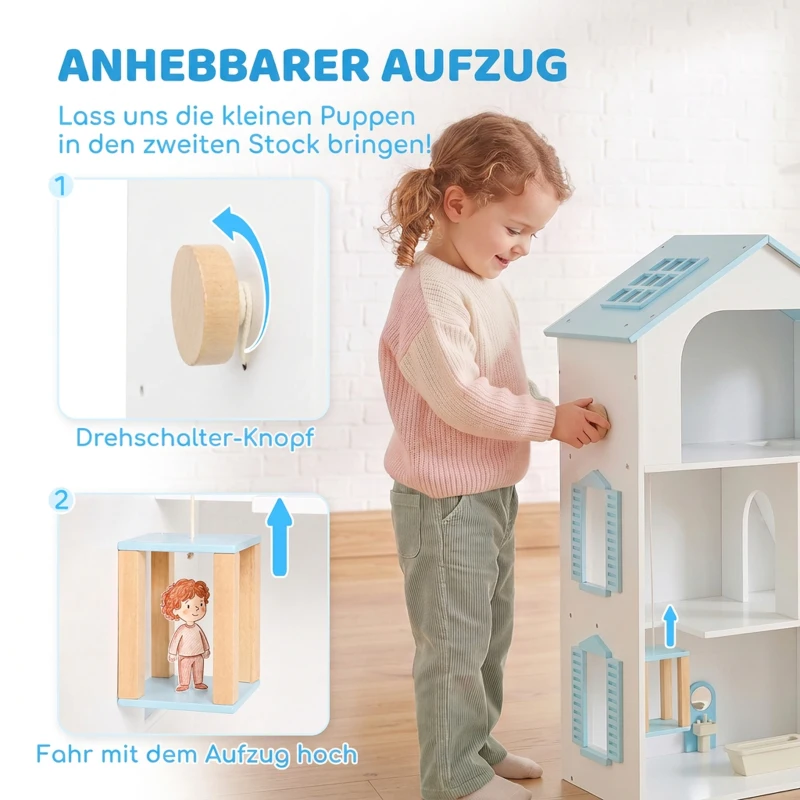 AIYAPLAY Groot poppenhuis 79,5 cm met lift, 3 verdiepingen, 13 meubels en balkon, blauw, cadeau voor meisjes van 3-6 jaar