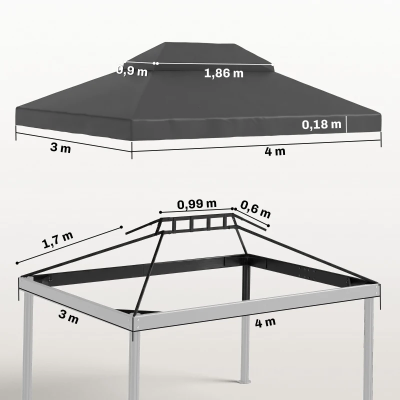 Outsunny Copertura per Gazebo da Giardino 3x4 m a 2 Livelli in Tessuto Oxford 600D con Fori di Drenaggio, Grigio Scuro