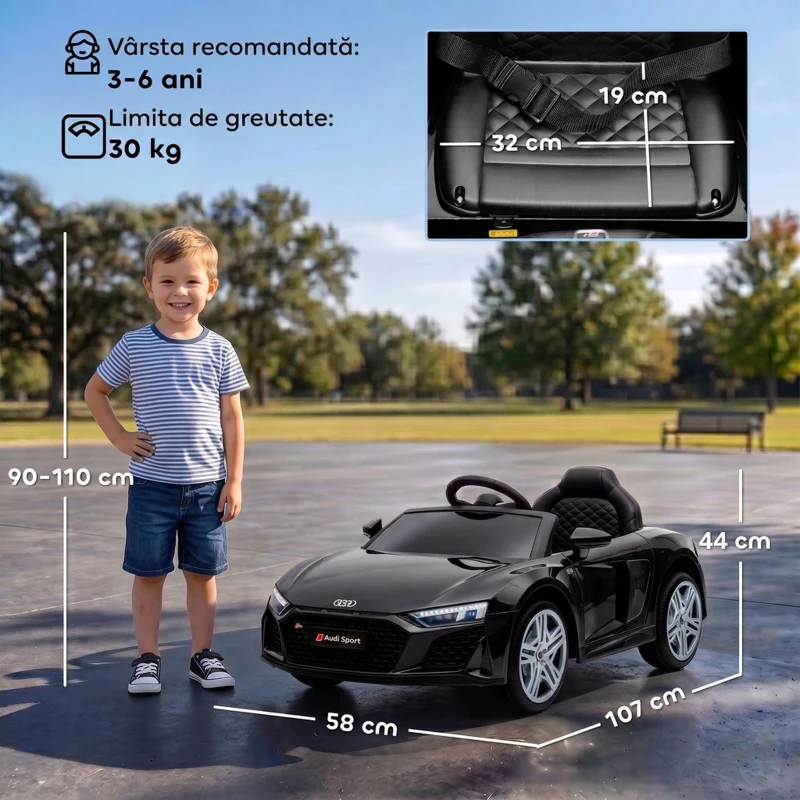 AIYAPLAY Mașinuță Electrică pentru Copii 12V Audi R8 Spyder, 3+ Ani, 3-5 km/h, cu 2 Motoare și Telecomandă, Negru