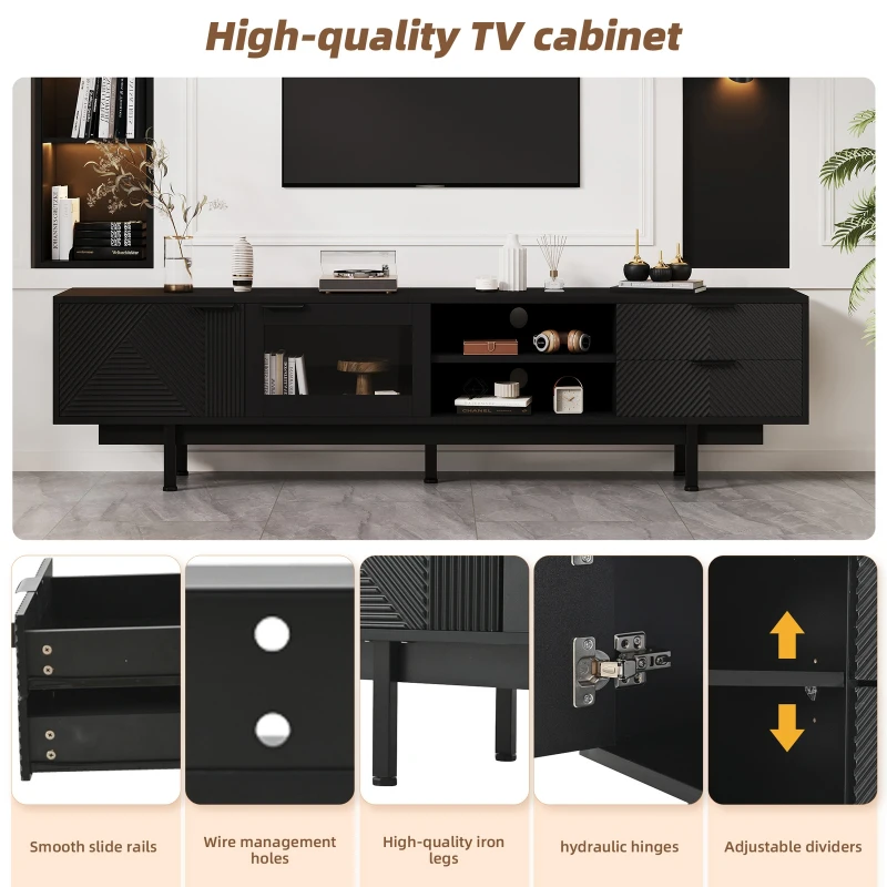 Modern Minimalist TV Cabinet with Cable Management, Sideboard with 2 Doors, 2 Drawers and 1 Open Shelf, 200L x 40W x 50.5H cm, Black