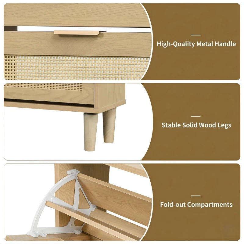 Modern Rattan Shoe Cabinet with 4 Flip Drawers, Space-Saving Storage Organiser Cupboard with Adjustable Shelves, 100L x 25W x 90.5H cm, Light Oak