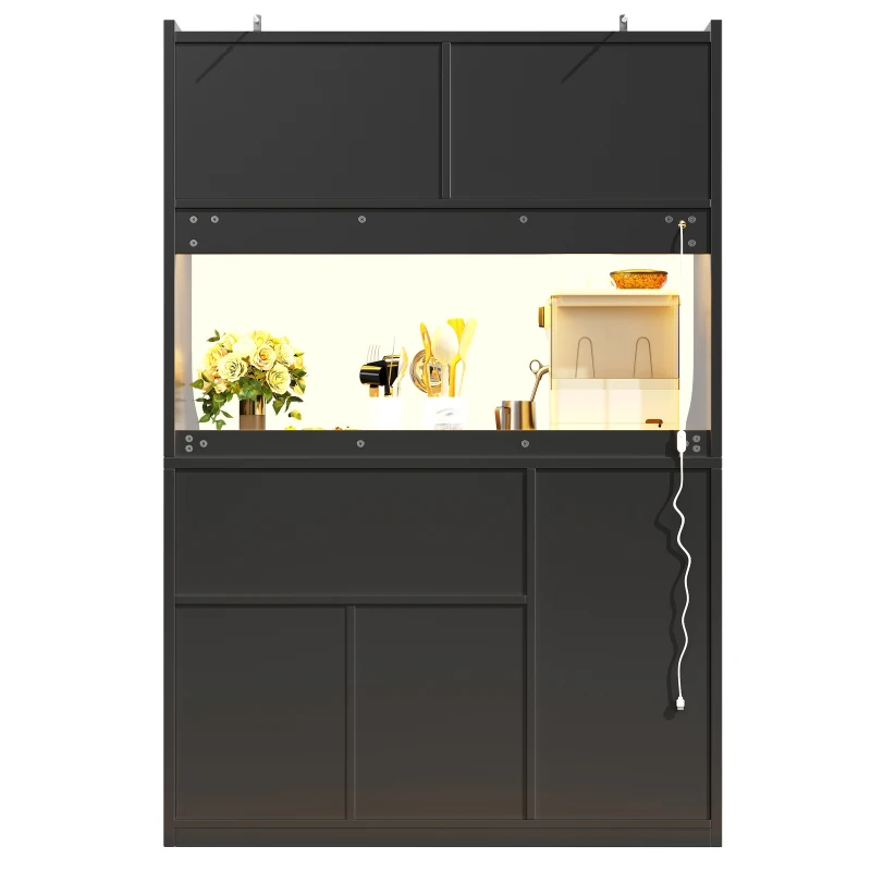 Tall Kitchen Cabinet with App-Controlled RGB LED and Glass Doors, Storage Unit with Wine Rack and 3 Drawers, 120L x 40W x 180H cm, Black