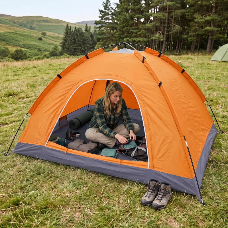 Outsunny 2 Person Camping Tent, Dome Tent with Zipped Doors, Storage Pocket, Portable Handy Bag, Orange