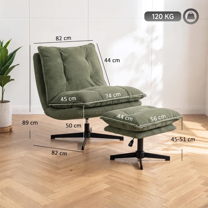 HOMCOM Loungestoel met hocker, 360° draaibaar, cordstof, in hoogte verstelbare voetenbank, groen