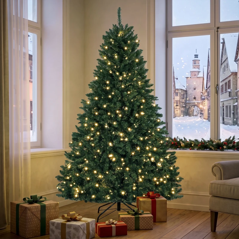 HOMCOM Kerstboom met 550 warmwitte leds, 1494 takpunten, brandvertragend, kunststof/metaal, 180 x 112 cm, groen