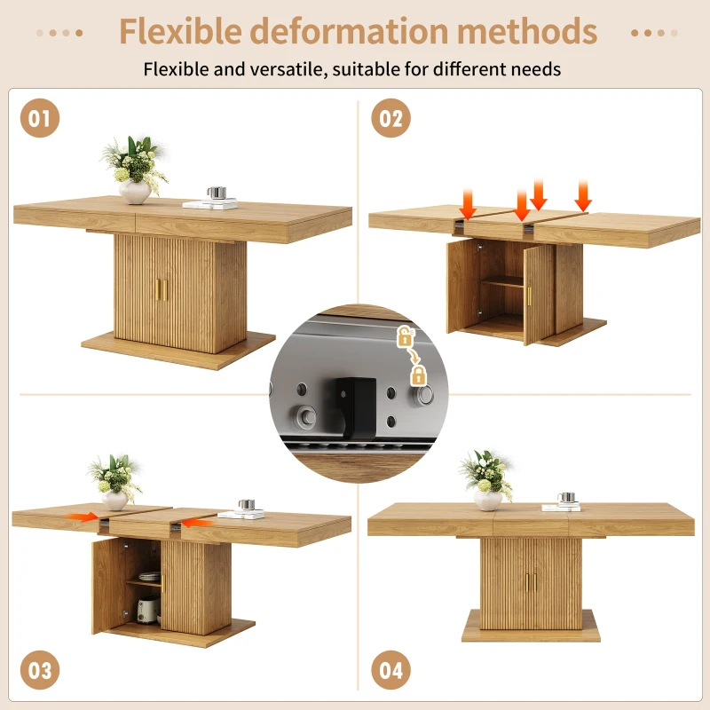 Extendable Dining Table with Integrated Storage, Space-Saving Kitchen Table with Grooved Doors and Shelves, 140-180L x 90W x 75H cm, Natural