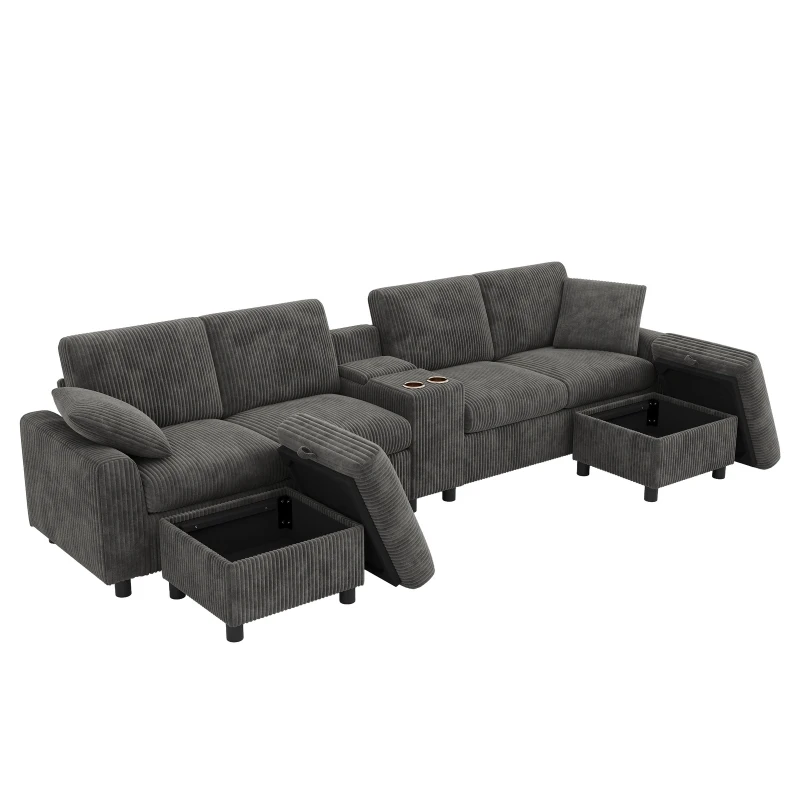 Modern Corduroy U-Shaped Sectional Sofa with 2 Movable Storage Ottomans, Soft Convertible Couch with 2 Type-C Charging Ports, 315L x 135W x 81H cm, Grey