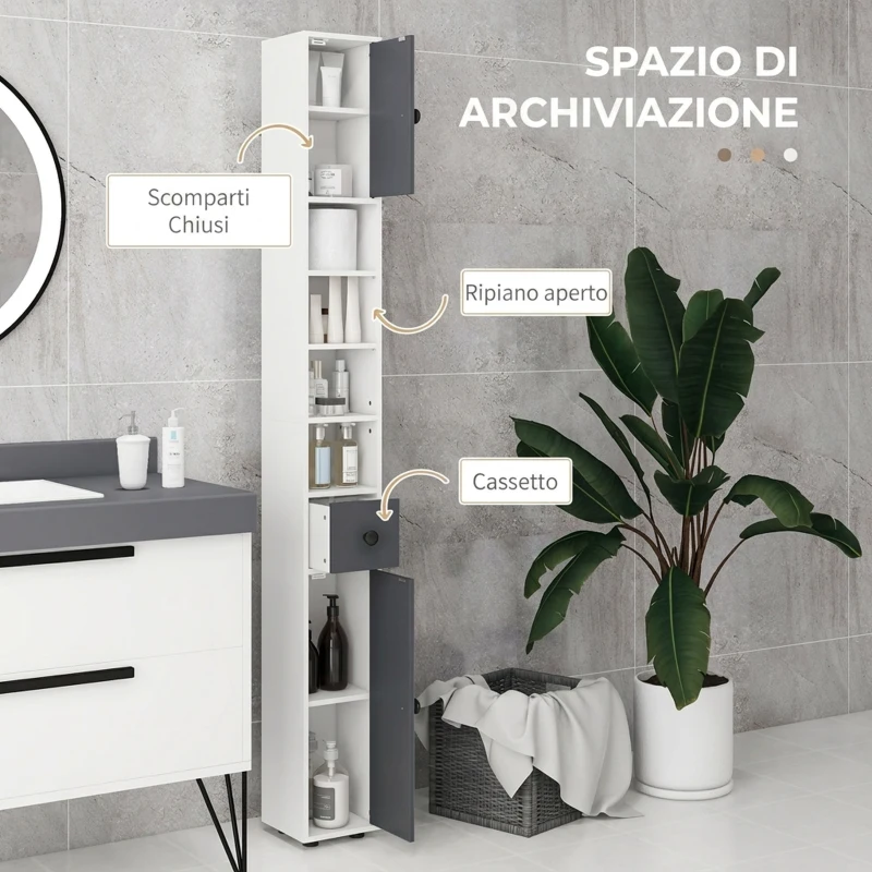 kleankin Mobile Colonna Bagno con Cassetto, 2 Armadietti e 4 Ripiani Aperti, in Legno, 20x20x180 cm, Grigio Bianco
