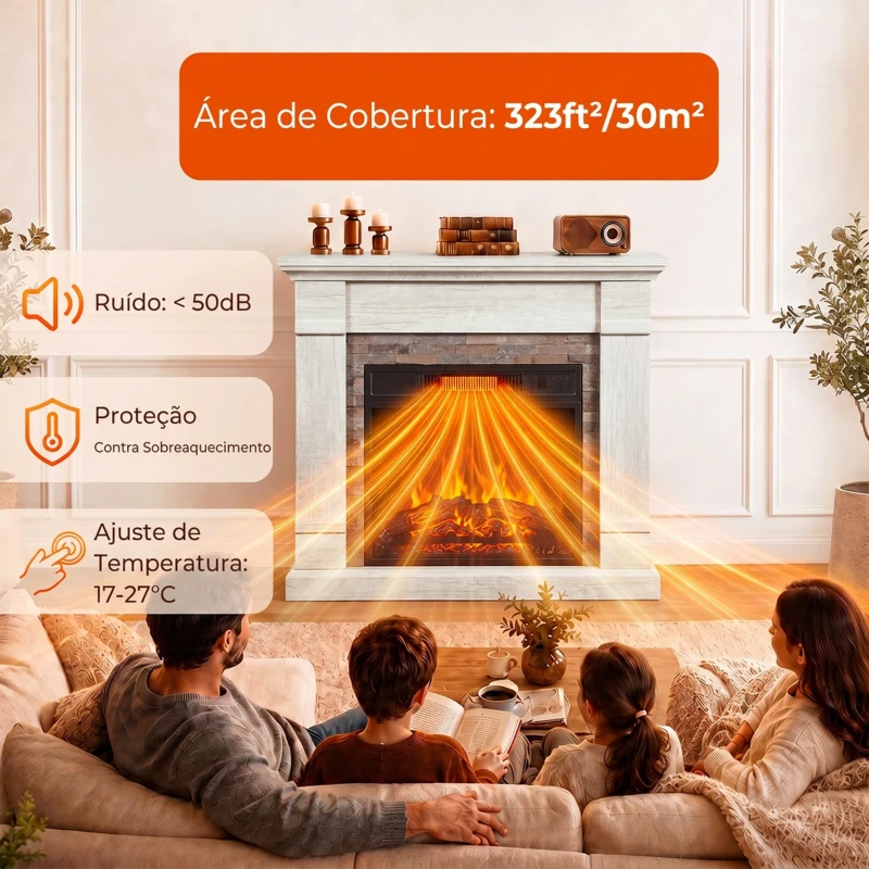 HOMCOM Lareira Elétrica Decorativa 1800 W com Efeito de Chama de 3 Níveis Termóstato Temporizador e Comando Madeira Natural