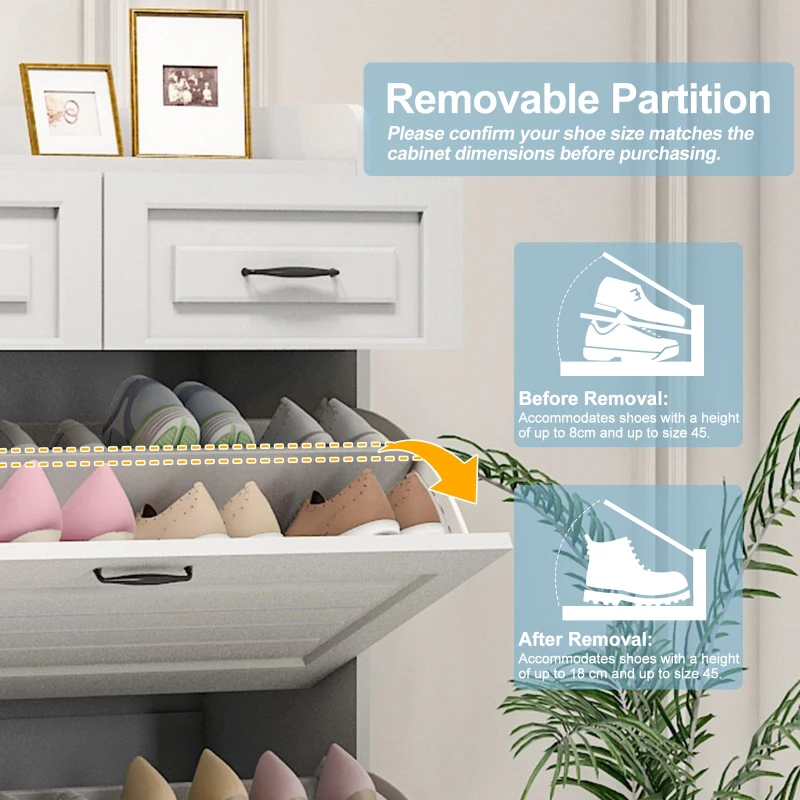 Modern Wooden Shoe Cabinet with 3 Flip Louvered Doors and 2 Drawers, Space-Saving Entryway Storage for Hallway, 80L x 23.5W x 131H cm, White