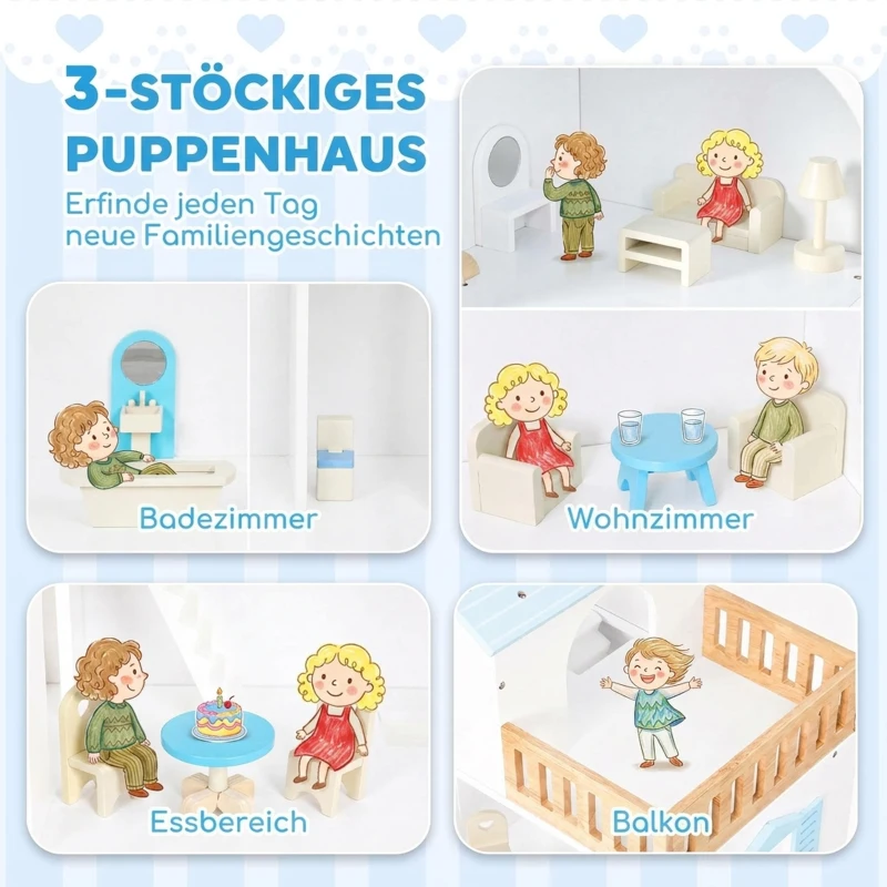 AIYAPLAY Groot poppenhuis 79,5 cm met lift, 3 verdiepingen, 13 meubels en balkon, blauw, cadeau voor meisjes van 3-6 jaar