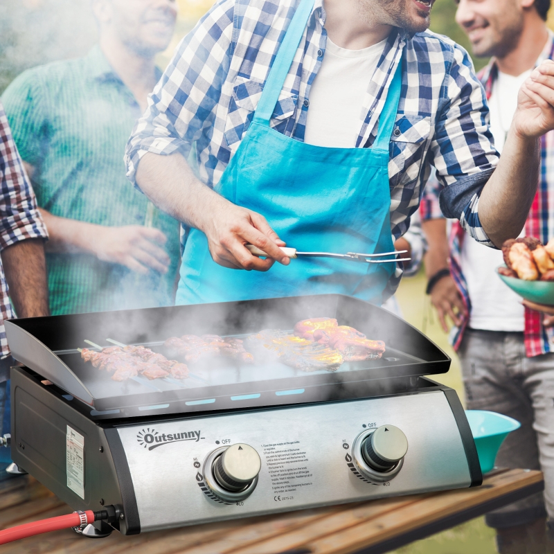 Outsunny Gas Plancha Barbecue Grill with 2 Stainless Steel Burner, 5kW, Portable Tabletop Gas BBQ with Non-Stick Griddle for Camping Picnic Garden Party Festival