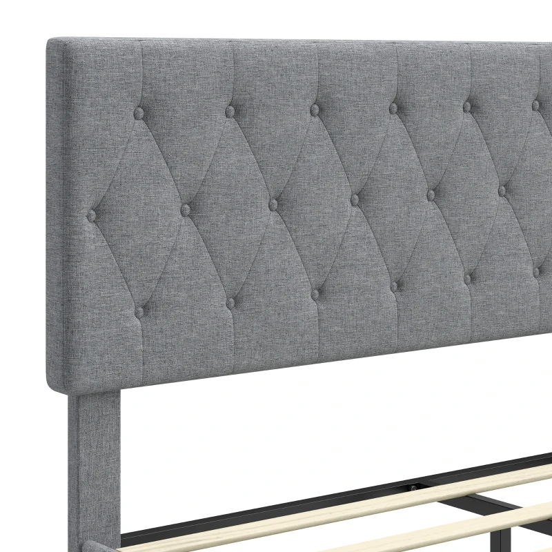 HOMCOM Cadre de Lit 140 x 190 cm avec Sommier, Lit Double Rembourré en Lin, Tête Capitonnée, Support à 10 Lattes, Gris