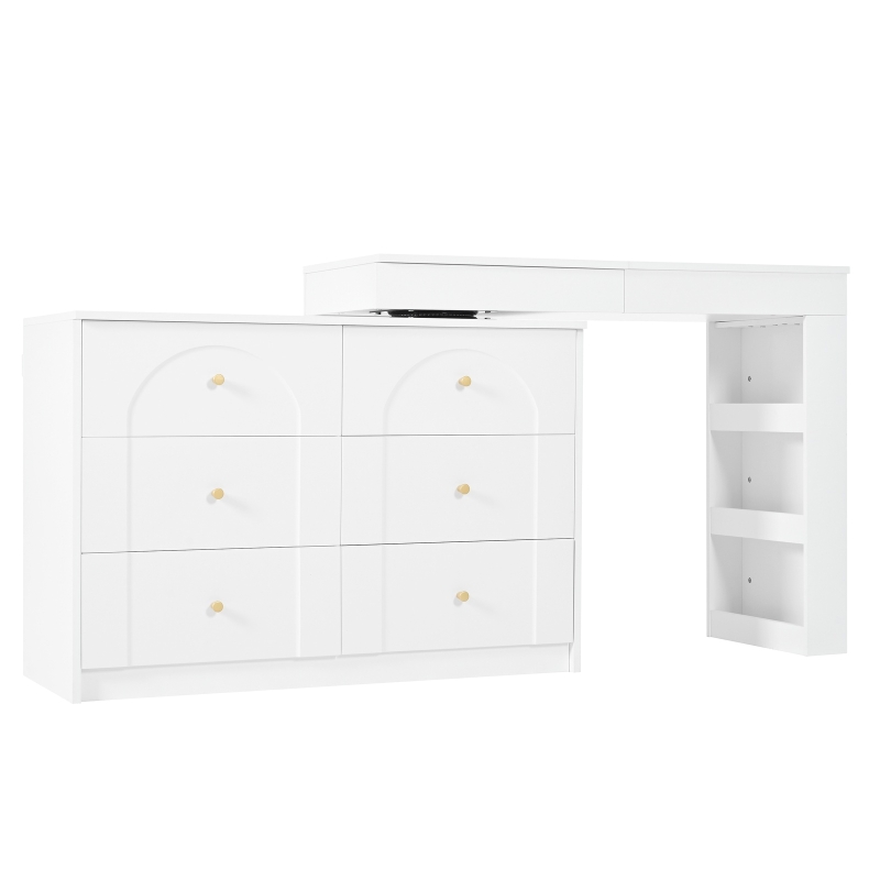 Modern L-Shaped Vanity Desk with 7 Storage Drawers, Adjustable Makeup Table Dressing Console with LED Flip Mirror, 200L x 40W x 80H cm, White