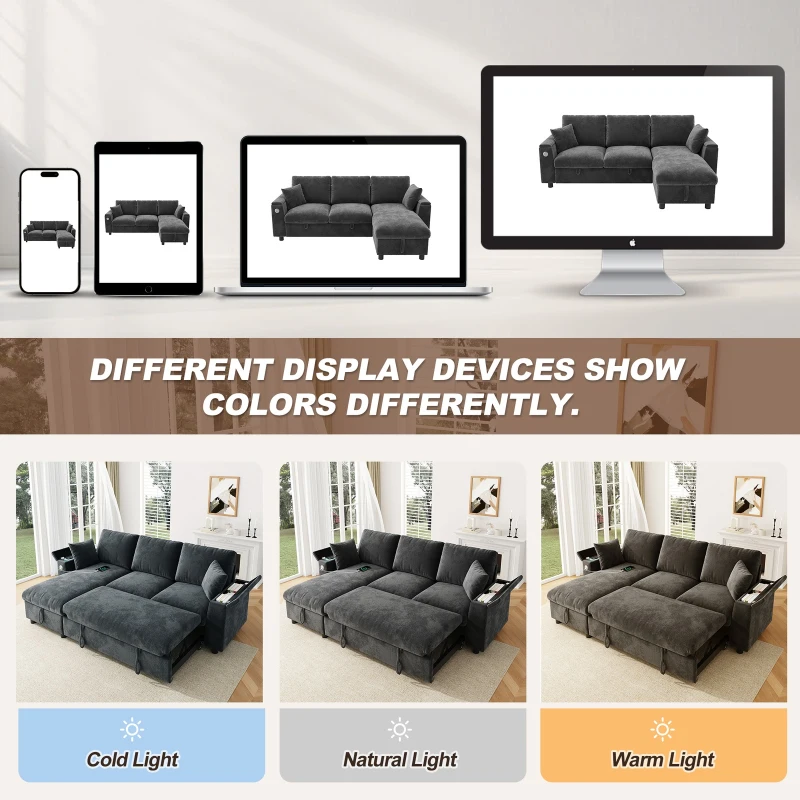 L-Shaped Sofa Bed with USB/USB-C Ports and Pull-Out Sleeper, Soft Reversible Corner Couch with Hidden Chaise Storage, 200L x 137W x 85H cm, Grey