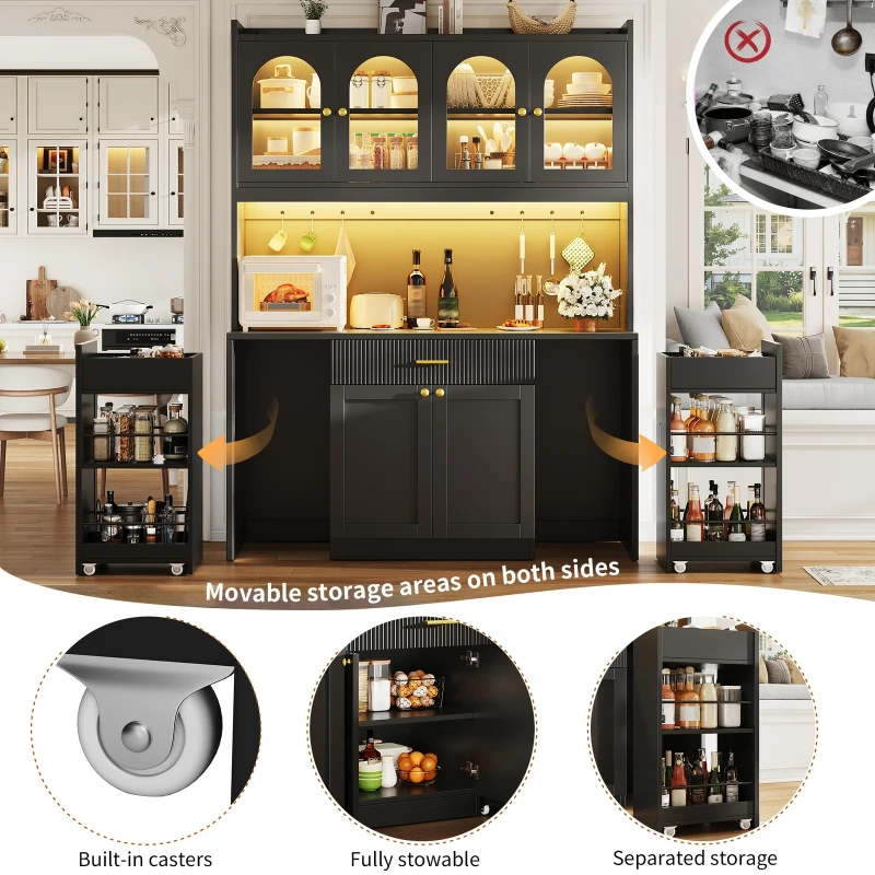 Kitchen Cabinet with App-Controlled RGB LED and Glass Display, Storage Cabinet with Roll-Out Shelves and Drawers, 120L x 40W x 187H cm, Black
