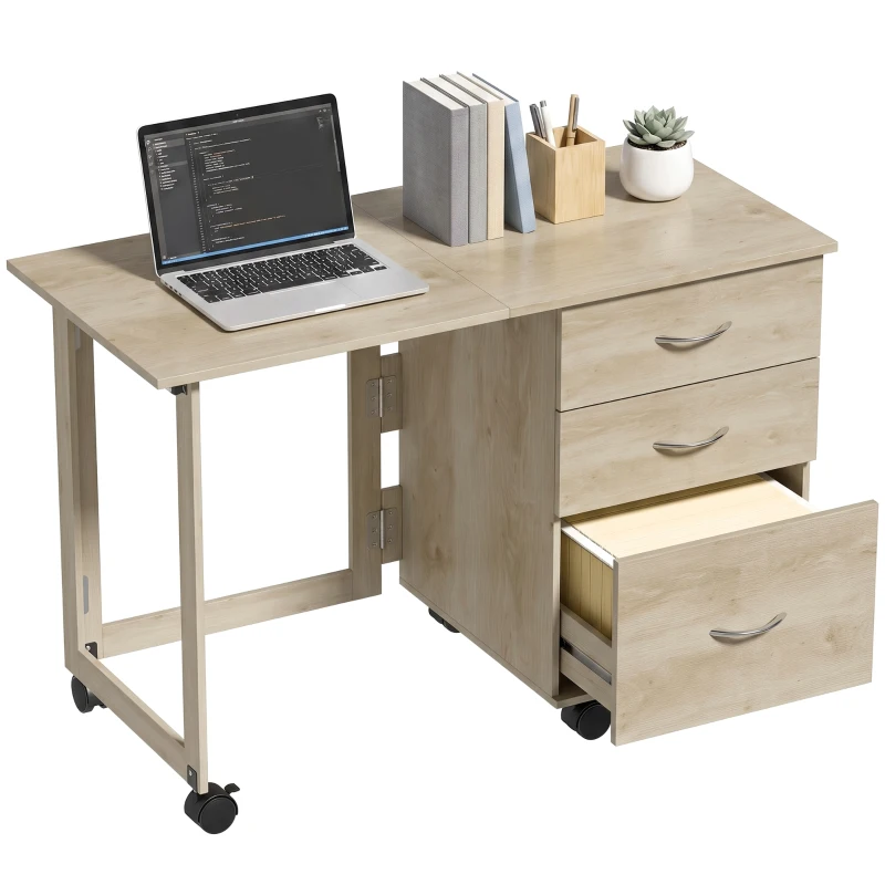 HOMCOM Escritorio Plegable con Ruedas con Freno 3 Cajones y Superficie Abatible Diseño Moderno 107x50x72 cm Roble