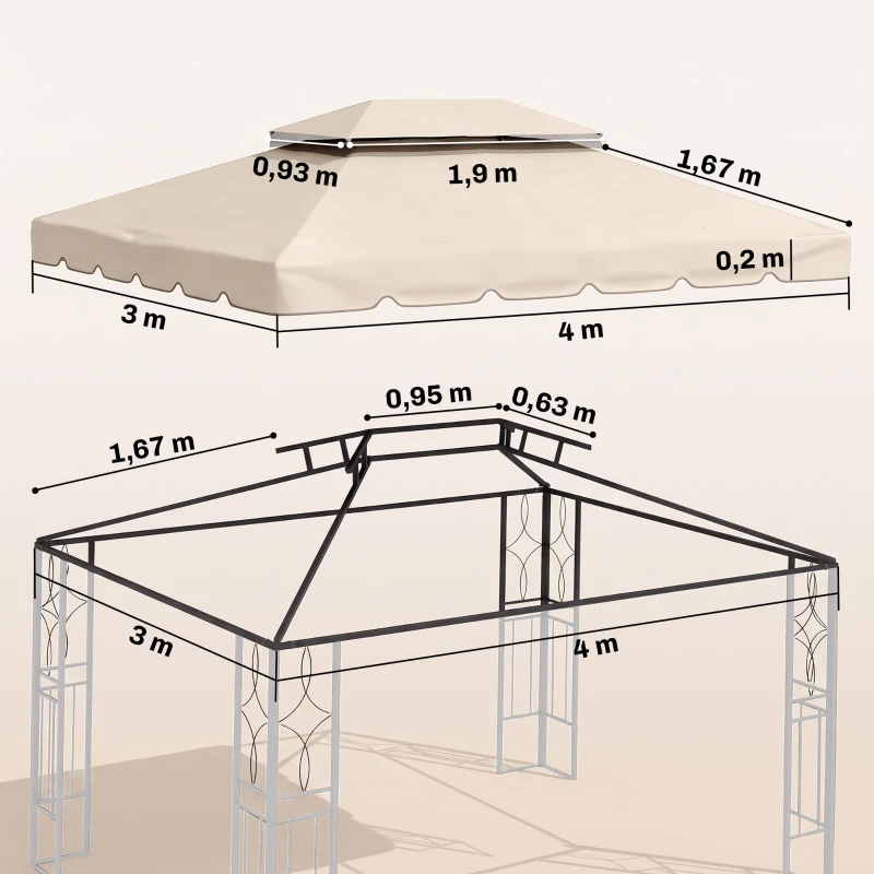 Outsunny Toile de rechange pour pavillon tonnelle tente toit de remplacement gazebo de jardin tissu polyester 4 x 3 m crème