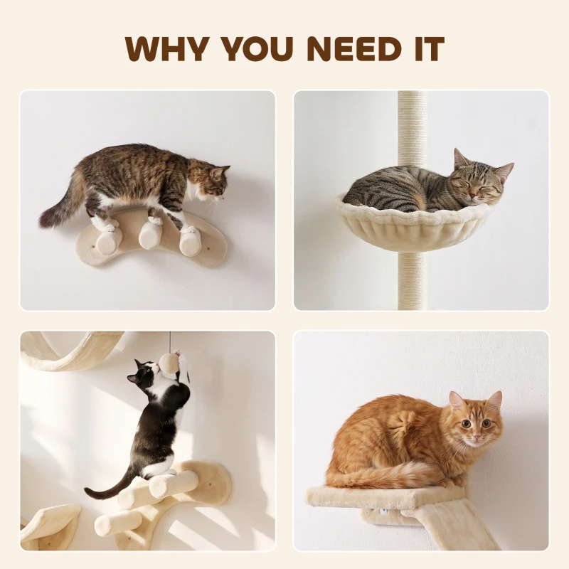 PawHut Four-Piece Cat Wall Furniture, with Hammock, Ladder, Platforms, Steps, for Indoor Use - Beige