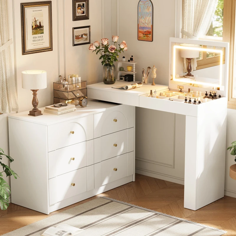Modern L-Shaped Vanity Desk with 7 Storage Drawers, Adjustable Makeup Table Dressing Console with LED Flip Mirror, 200L x 40W x 80H cm, White