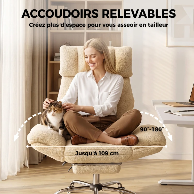 HOMCOM Chaise Bureau Ergonomique avec Accoudoirs Rabattables 5 Niveaux, Fauteuil de Bureau Inclinable en Tissu Teddy, Crème