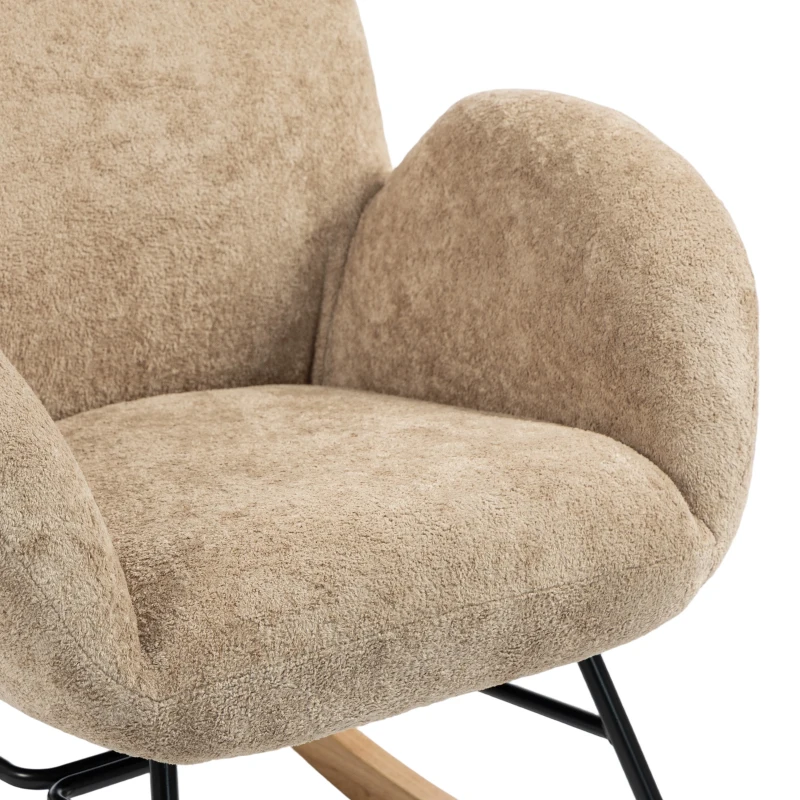HOMCOM Upholstered Rocking Chair Adjustable Headrest Rocker Chair Raindrop Velvet Rubberwood Base Light Brown
