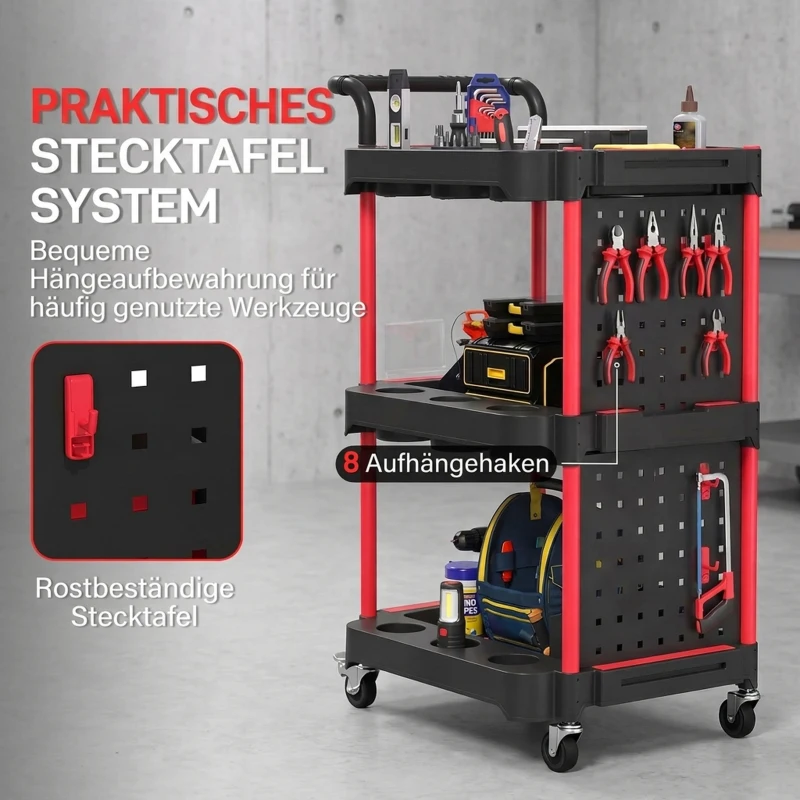 HOMCOM Gereedschapswagen met 3 niveaus, gatenbord en haken, verrijdbare werkplaatswagen met remmen, zwart/rood