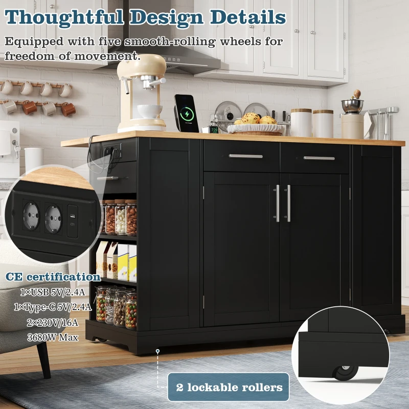 Modern Rolling Kitchen Island Trolley with Woodgrain Worktop, Mobile Storage Cart Unit with Pull-Out Bin Compartment, 138L x 86W x 92H cm, Black