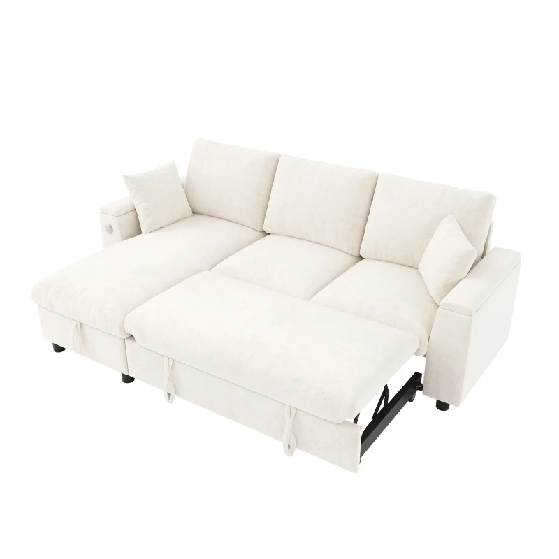 L-Shaped Sofa Bed with USB/USB-C Ports and Pull-Out Sleeper, Soft Reversible Corner Couch with Hidden Chaise Storage, 200L x 137W x 85H cm, Beige