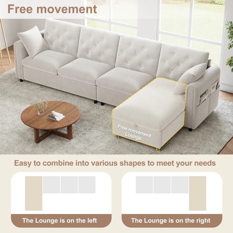 Modern Velvet L-Shaped Sectional Sofa with Storage Chaise and Tufted Back, Soft Corner Couch with Reversible Corner, 281L x 132W x 86H cm, BeigeStorage Chaise
