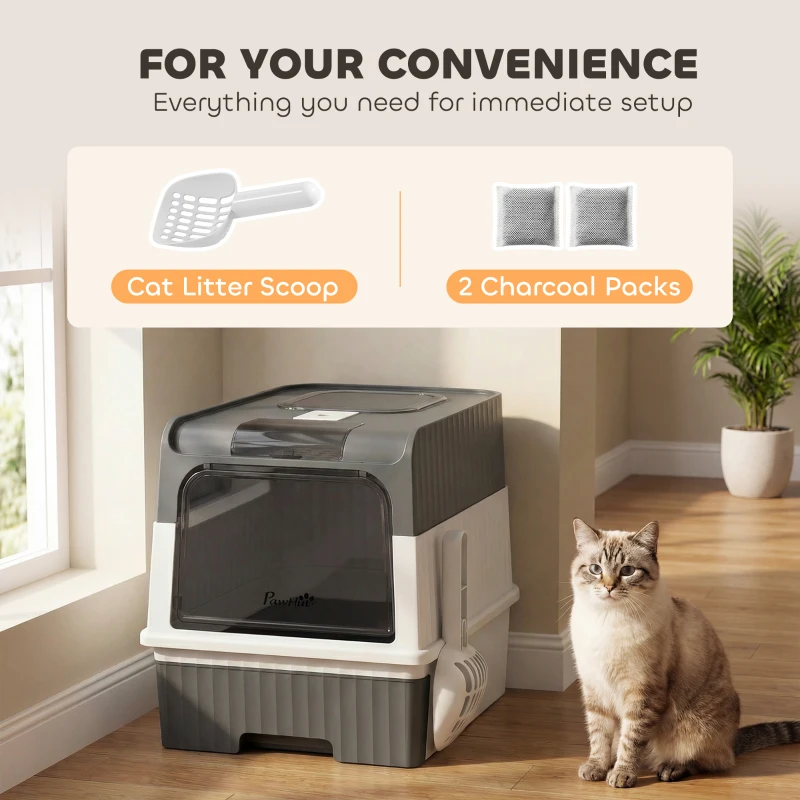 PawHut Enclosed Cat Litter Box with Lid, Pull-Out Drawer Tray, Scoop, 2 Deodorisation Bags, Front Entry & Top Exit, Grey