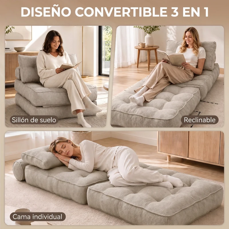HOMCOM Sofá Cama 1 Plaza Convertible 3 en 1 Sillón de Suelo Plegable Sillón Cama de Lino con 2 Almohadas Acolchado Crema