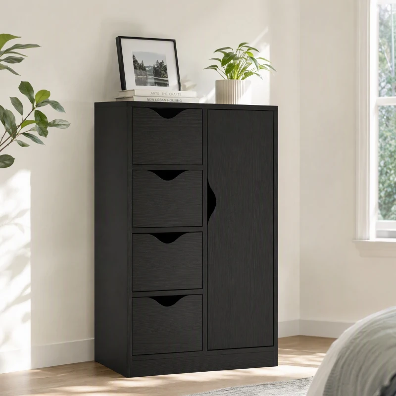 HOMCOM Mobile Bagno con 4 Cassetti, Armadietto a 2 Livelli e Maniglie Ritagliate, in Legno, 54x29x83 cm, Nero