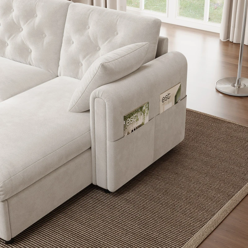Modern Velvet L-Shaped Sectional Sofa with Storage Chaise and Tufted Back, Soft Corner Couch with Reversible Corner, 281L x 132W x 86H cm, BeigeStorage Chaise