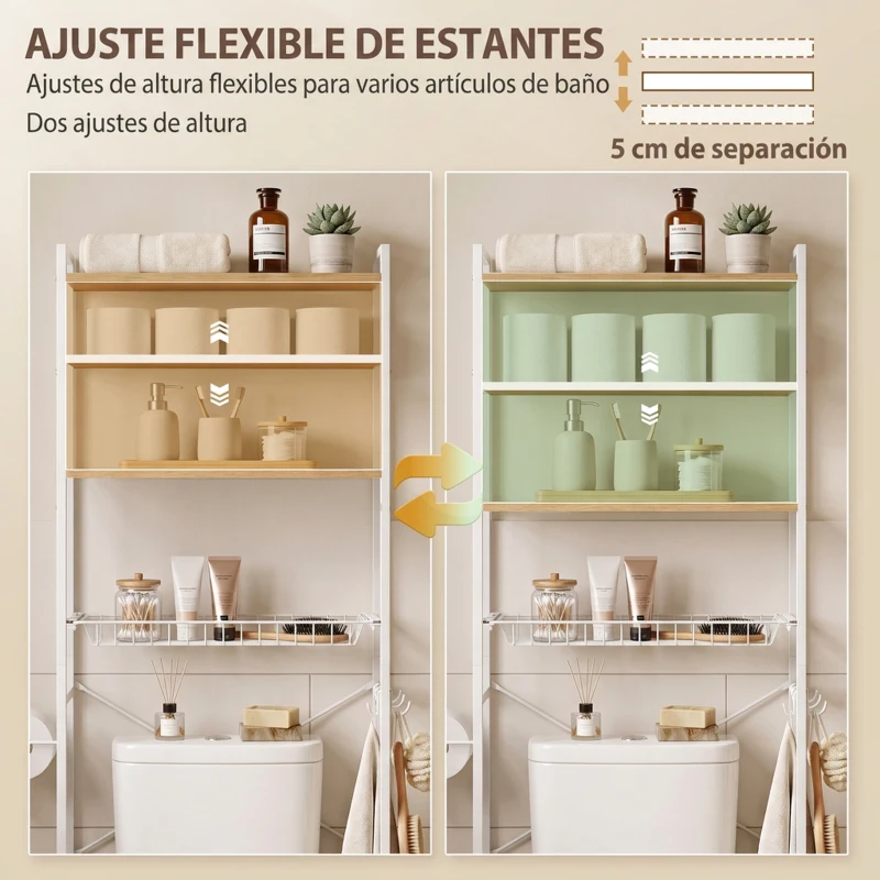 HOMCOM Mueble Sobre Inodoro de 3 Niveles con Portarrollos Estantes Ajustables Cesta Extraíble y Ganchos Roble