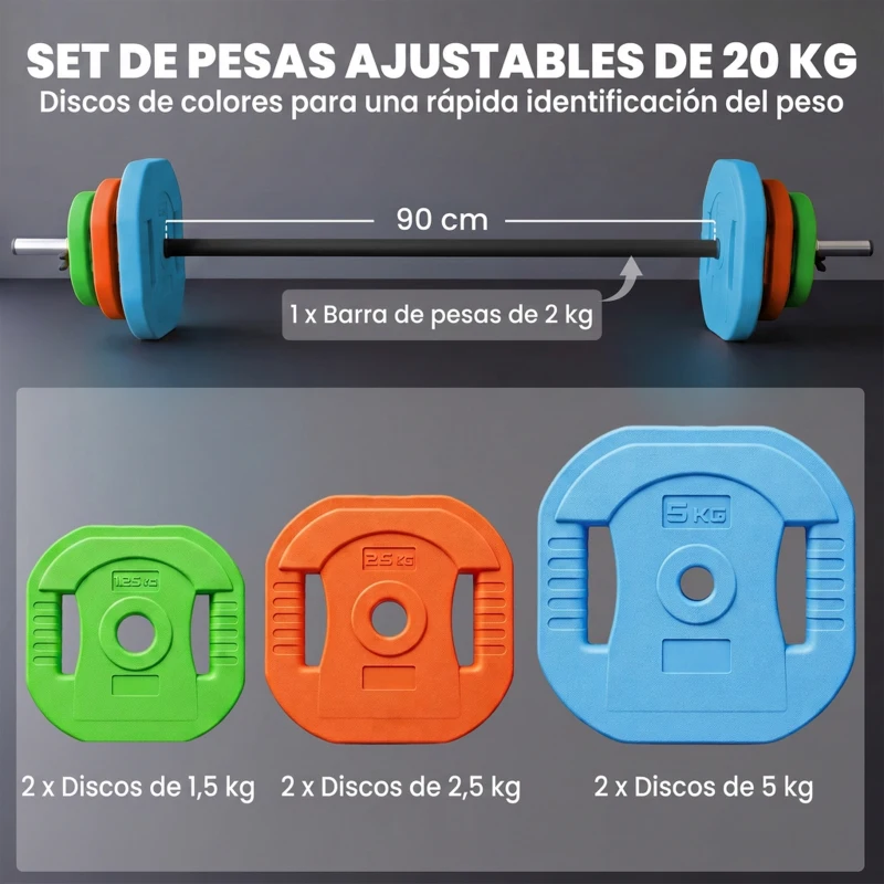 SPORTNOW Set de Pesas Ajustables con Barra de Acero de 140 cm 6 Discos de 5kg 2,5kg 1,5kg 2 Clips para Casa Gimnasio