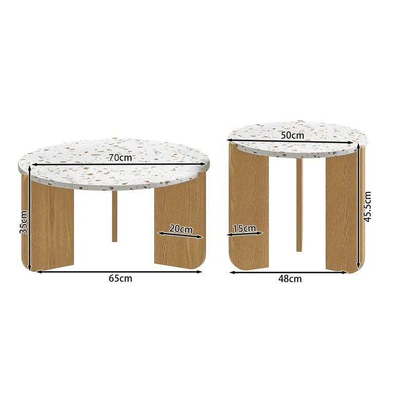 Modern 2-Piece Nesting Coffee Table Set with Patterned Tabletops, Side Tables for Living Room, 70L x 70W x 35H cm, White and Wood