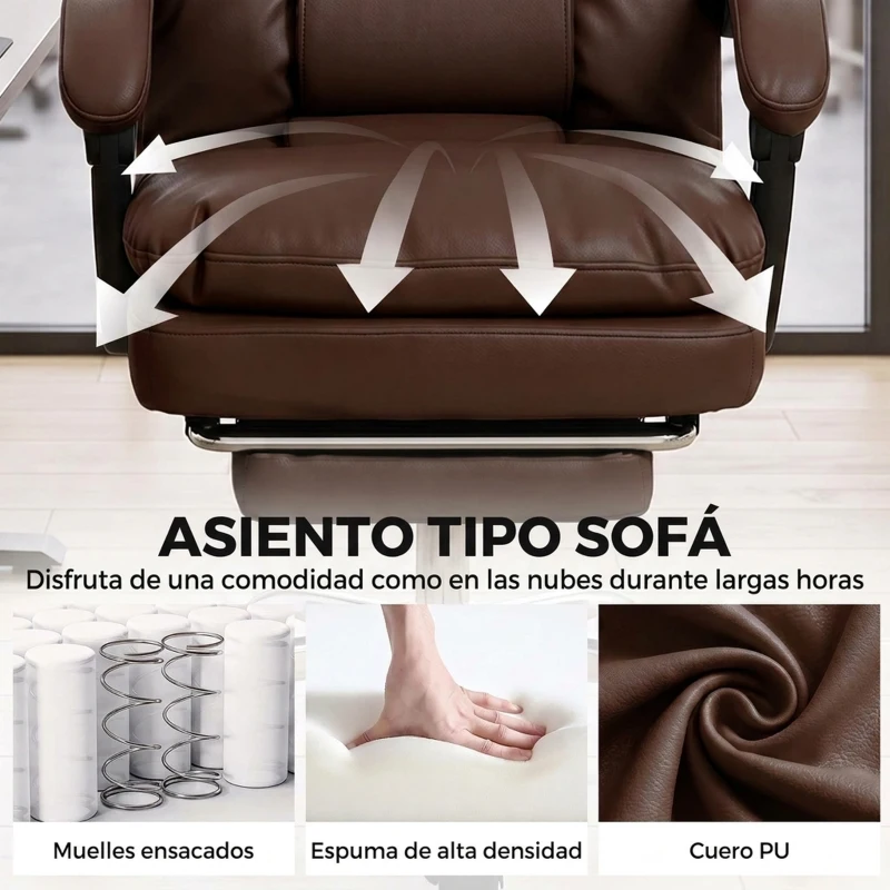 HOMCOM Silla de Oficina Ergonómica con Reposapiés de PU Muelles Ensacados Reclinable 155° Respaldo Alto Reposacabezas Marrón
