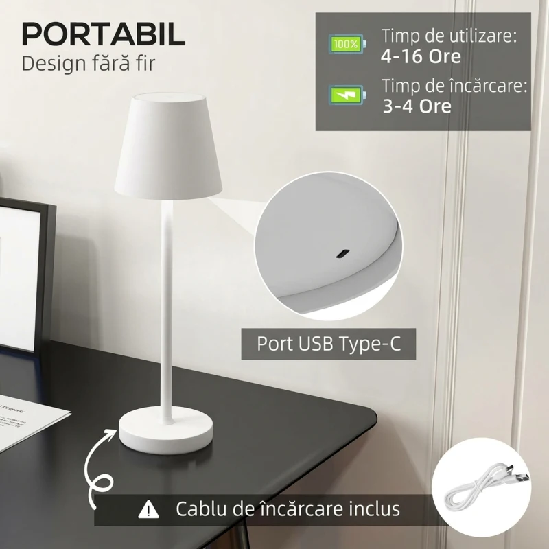 HOMCOM Lampă de Masă Portabilă din Acril și Metal de 3600mAh cu Cablu de Încărcare, Ø11.2x36.5 cm, Alb