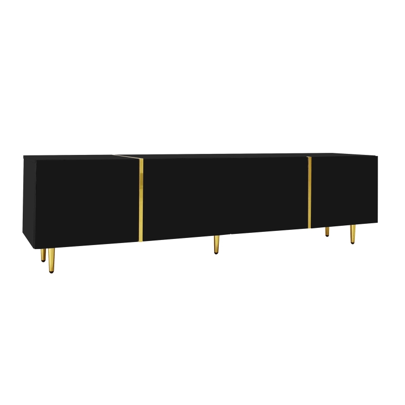 High-Gloss TV Cabinet with Four Soft-Close Doors, Modern Entertainment Stand for Living Room, 170L × 35W × 46H cm, Black+Gold