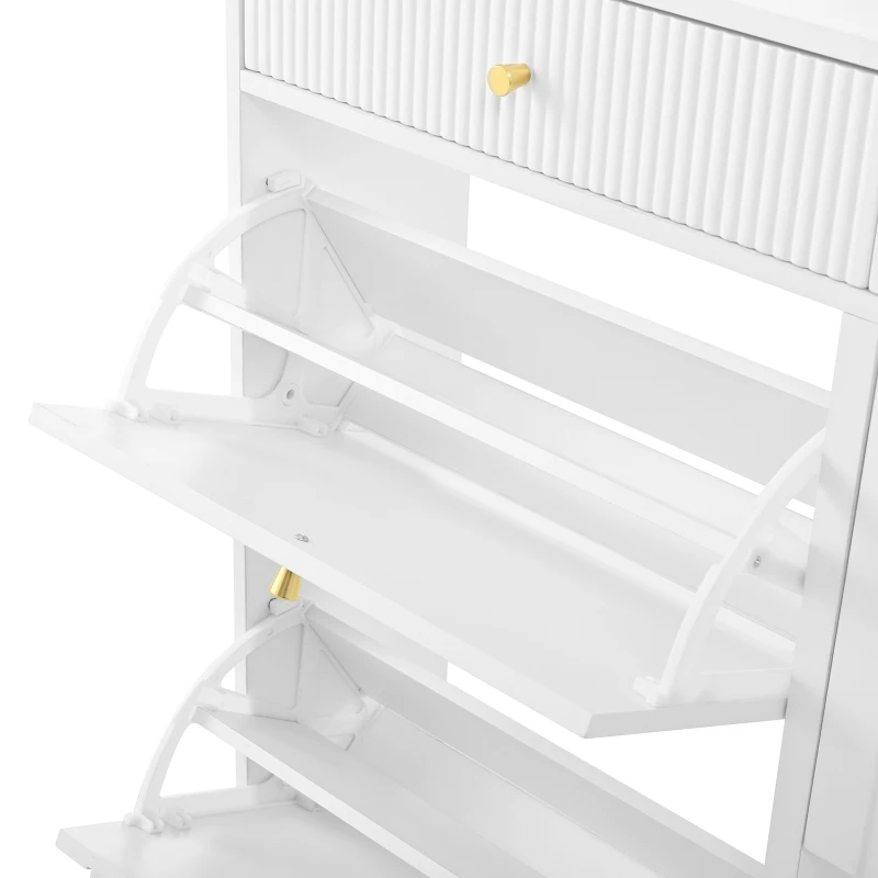 Modern Shoe Cabinet with 4 Flip Doors and 2 Drawers, Space-Saving Entryway Storage Organizer with Metal Handles, 106.5L x 25W x 105.5H cm, White