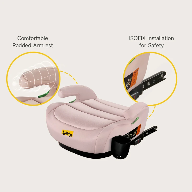 Safe ISOFIX Car Booster Seat with ECE R129 i-Size and Cup Holder, Portable Travel Booster Cushion for Kids and Vehicles, 40L x 42W x 17H cm, Pink