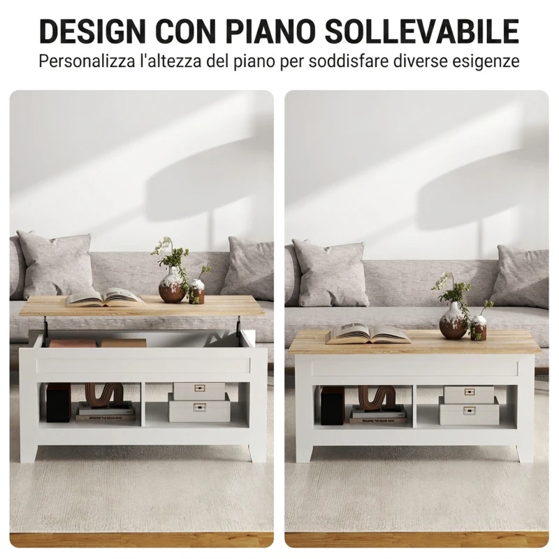 HOMCOM Tavolino da Caffè Industriale con Vano Portaoggetti, Piano Sollevabile, Tavolo Salotto per Soggiorno Casa Ufficio, 105x50x49cm, Bianco, Naturale