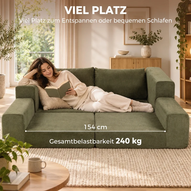 HOMCOM Schlafsofa 4-in-1 Schlaffunktion ausziehbar Klappsofa Kissen 2 Sitzer Grün