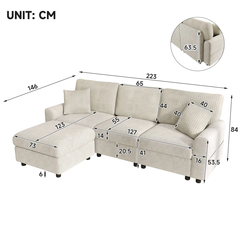 Modern Upholstered Sectional Sofa with USB Type-C Charging Ports, Soft Convertible Couch with 2 square cushions, 223L x 146W x 84H cm, Beige