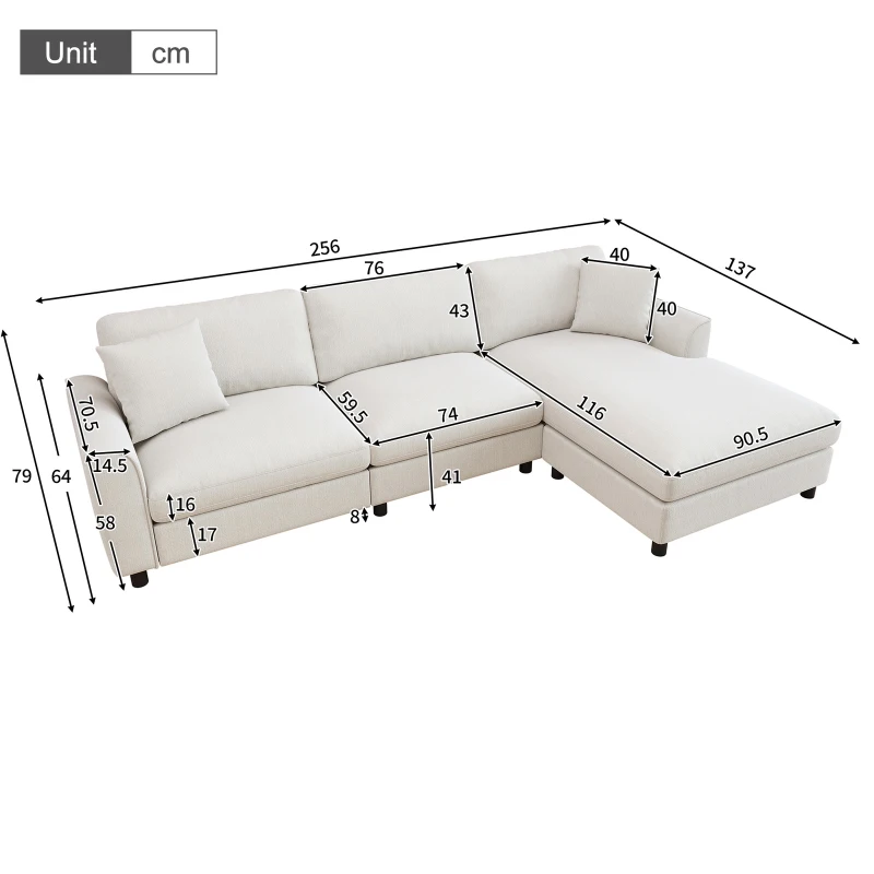 Modern L-Shaped Sectional Sofa with Reversible Chaise Lounge, Modular Corner Couch with Extra‑Wide Chaise Seat, 256L x 137W x 79H cm, Beige